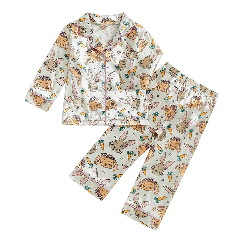 Toddler Girl Easter Satin Pajama Set with Bunny and Carrot Print Long Sleeve Button-up Tops and Pants Sleepwear Outfit 2 Piece