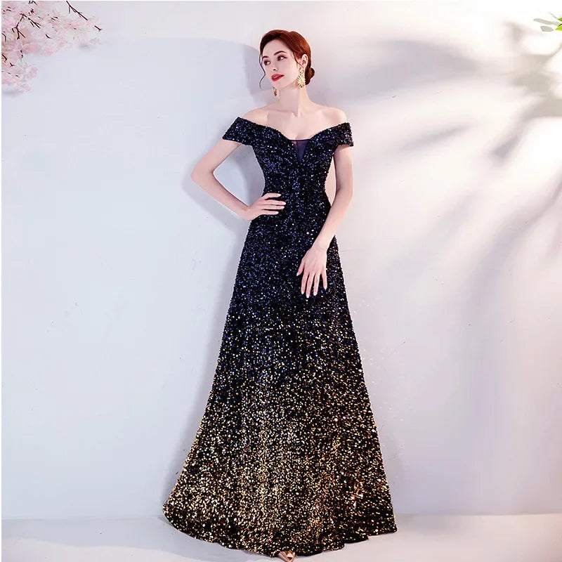 One Shoulder Evening Gown New Gradient Black Annual Party Stage Performance Host Walking Fish Tail Dress for Women 2026