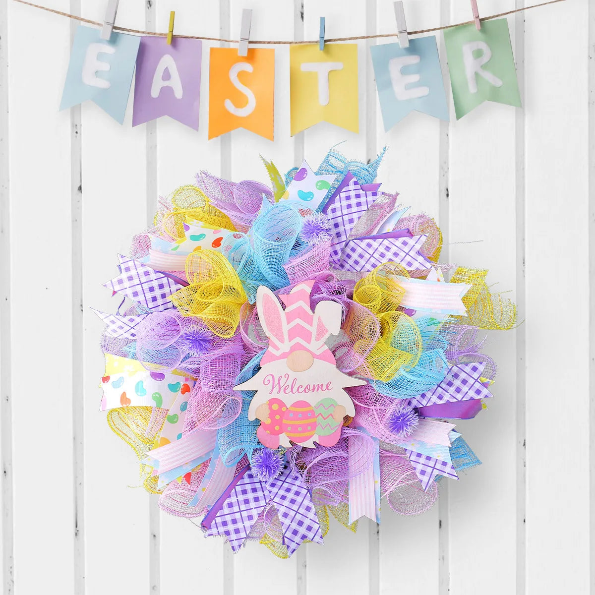 Easter Dwarf Rabbit Mesh Wreath, 15.7in Artificial Easter Gnome Door Hanging Wreath, Colorful Easter Bunny Welcome