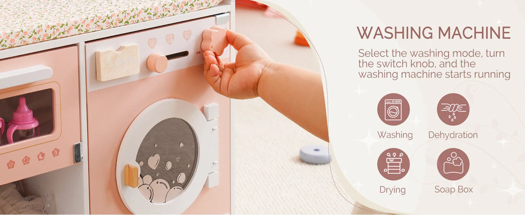 Robud Wooden 6-in-1 Baby Doll Changing Table with Baby Doll Crib Washing Machine Bottle Sterilizer Storage Area for Kids in Pink