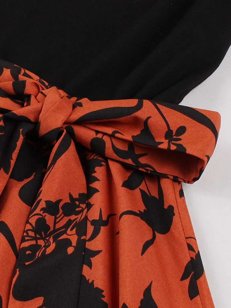 Retro Vintage Women's Summer Dress V-Neck Sleeveless High Waist Chic Floral Print with Belt 50s Style