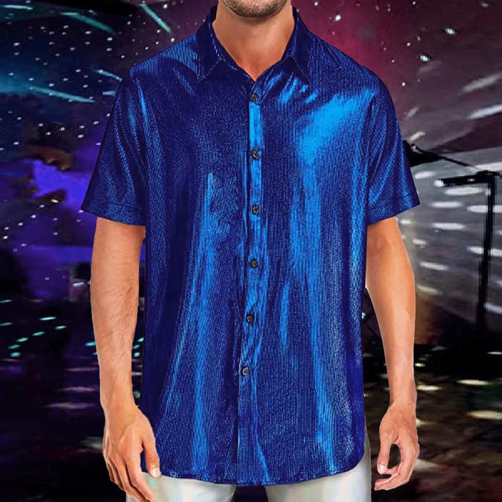 Mens Shiny Sequins Shirt Fashion Men's Performance Shirt Turn-Down Collar Short Sleeved Shirts For Club Party Disco Stage Show
