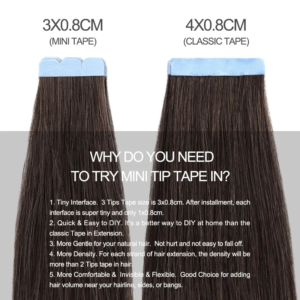 MRSHAIR Mini Tape Hair Extensions Human Hair Natural Tape in Hair Extentions 3x0.8cm Invisible Tape 10pcs/pack For Side Hair