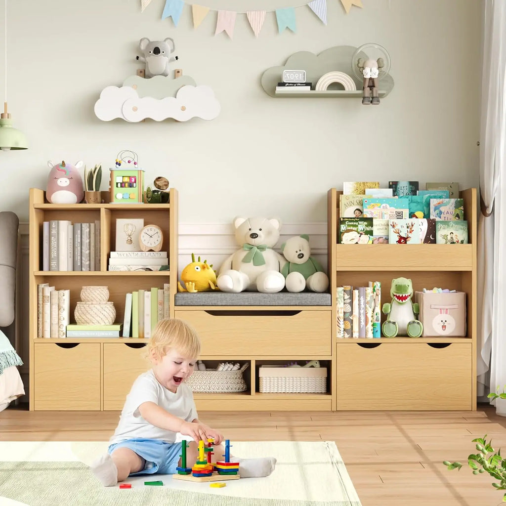 72” Kids Bookshelf with Reading Nook, Large Toy Storage Organizer, Kids Reading Nook Toy Organizers and Storage with Bench
