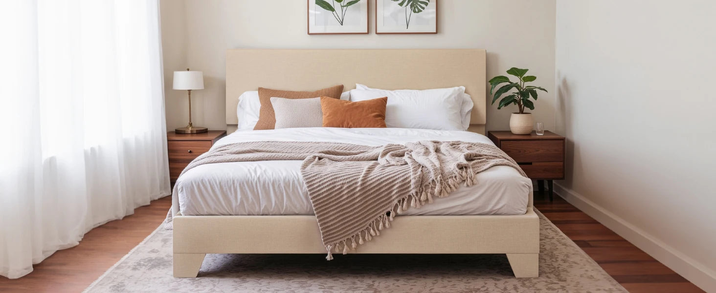 HOOMIC Full/Queen/King Upholstered Bed Frame with Adjustable Linen Headboard, Sturdy Wood Slats & Quiet Support
