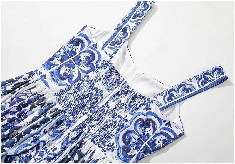JAMERARY Summer Blue And White Porcelain Flower Printing Floral Long Dress Women Straps Zipper Elastic Backless Midi Vestidos
