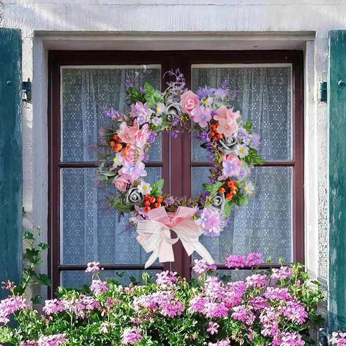 Spring Rose Daisy Wreath, 15.7in Spring Summer Bow Artificial Wreath for Front Door Easter Spring Wreath Home Wall