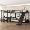 Queen Over Twin Over Twin Metal BunkBed with Storage Stairs and Shelves, 3-in-1 Triple Bunk Bed with Headboard, Space Saving, fo