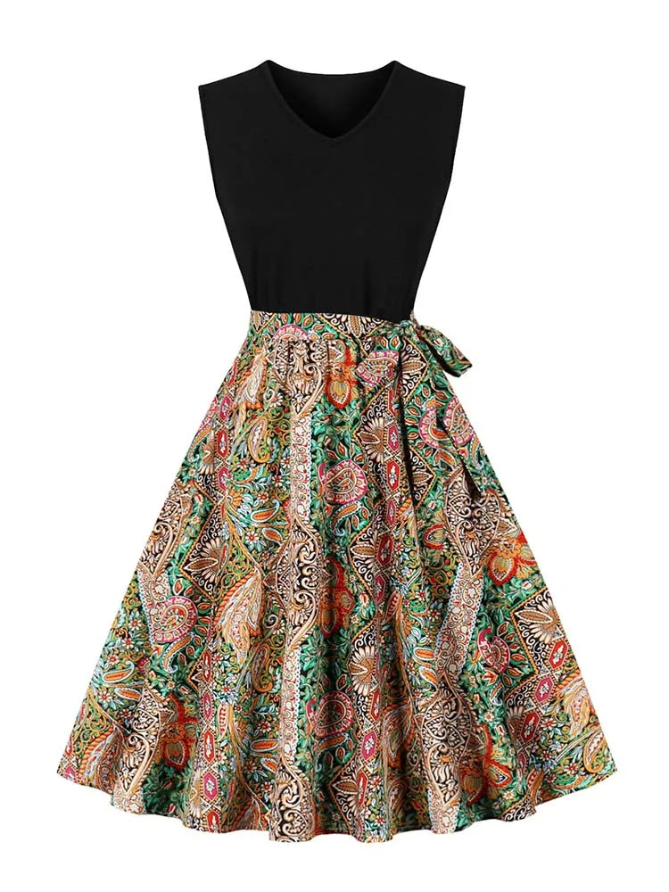 Retro Vintage Women's Summer Dress V-Neck Sleeveless High Waist Chic Floral Print with Belt 50s Style