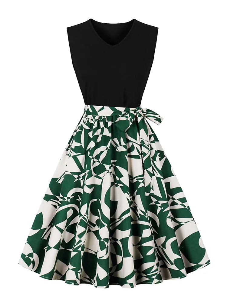 Retro Vintage Women's Summer Dress V-Neck Sleeveless High Waist Chic Floral Print with Belt 50s Style