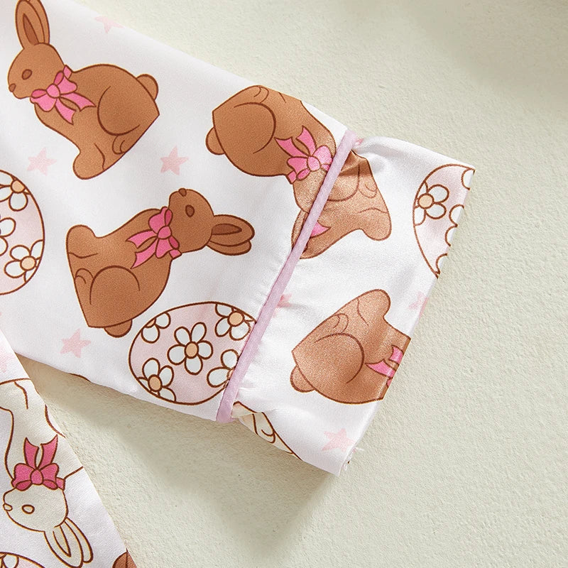 Toddler Girl Easter Satin Pajama Set with Bunny and Carrot Print Long Sleeve Button-up Tops and Pants Sleepwear Outfit 2 Piece