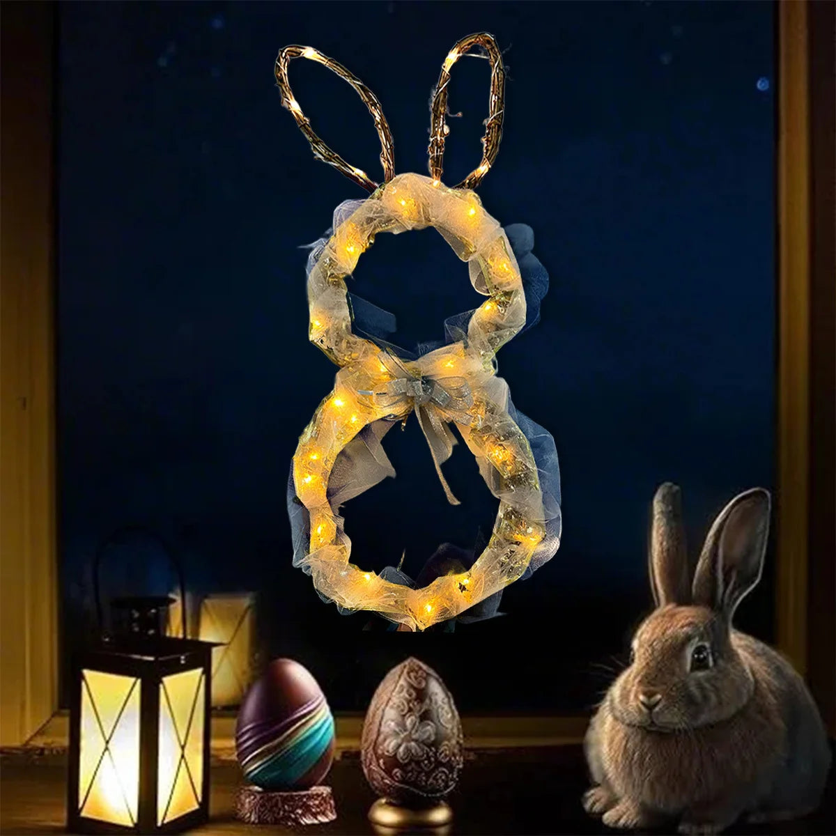 23.6in Large Easter Bunny Wreath with Led Lights, Battery-Powered, Foldable, Glowing Rabbit Wreath Pendant for Easter