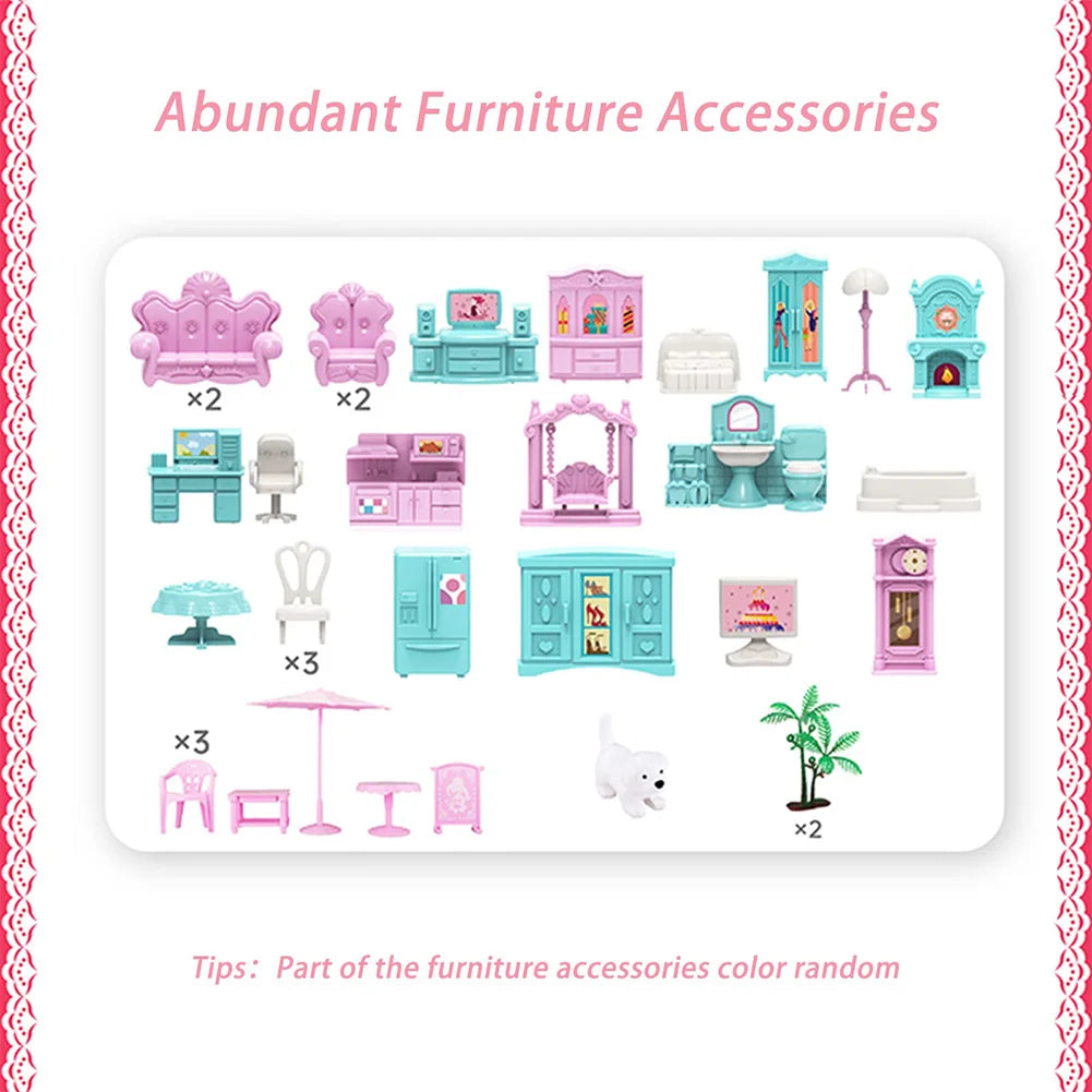 Pretend-Play DIY Dollhouse Kit with 4 Dolls DIY House Model Landscape Furniture and Accessories Set for Girls Birthday Gift