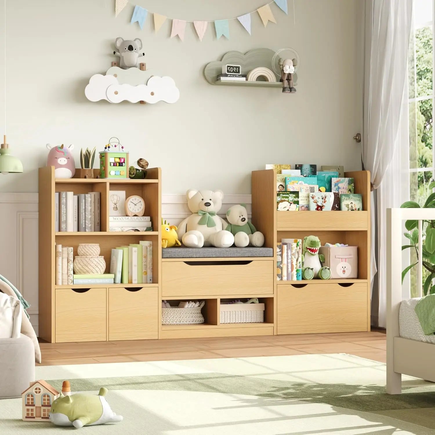 72” Kids Bookshelf with Reading Nook, Large Toy Storage Organizer, Kids Reading Nook Toy Organizers and Storage with Bench