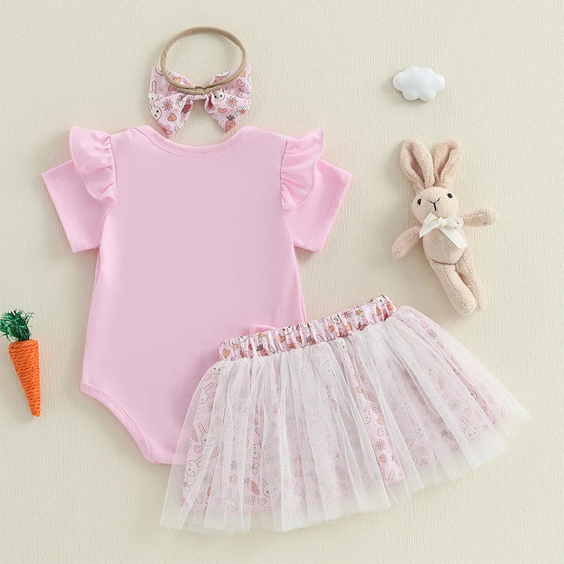 Adorable Baby Girl Easter Outfits with Bunny Print Romper Skirt and Headband - 3 Piece Clothing Set for Spring Celebrations