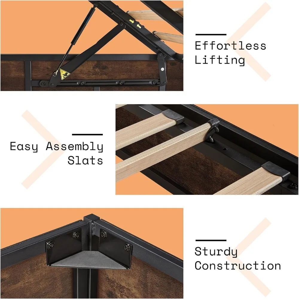 Lift Up Storage Bed, Queen Bed Frame with Storage Underneath, Wooden Platform Bed Frame, Solid Wood Slats Support