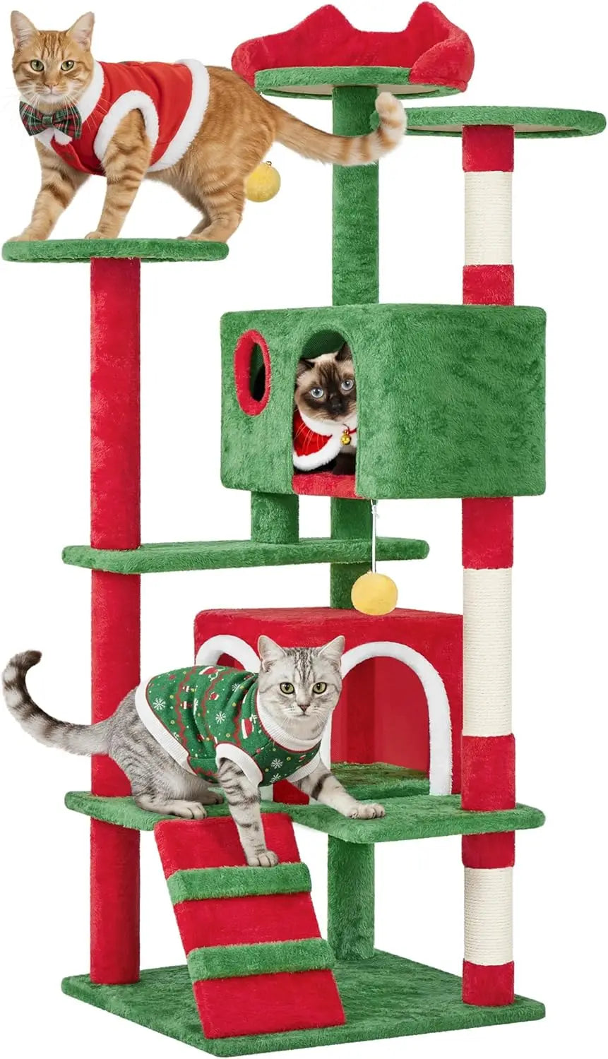 54in Cat Tree, Multi-Level Cat Tower With Spacious Kitten-ear Perch, 2 Cozy Caves, Scratching Posts, Climbing Ladder, 2 Plush Ba