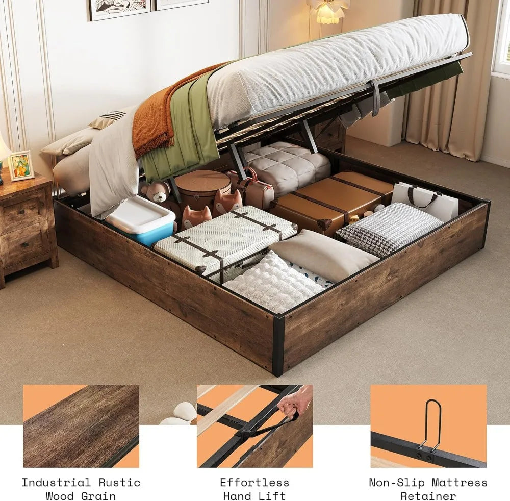 Lift Up Storage Bed, Queen Bed Frame with Storage Underneath, Wooden Platform Bed Frame, Solid Wood Slats Support