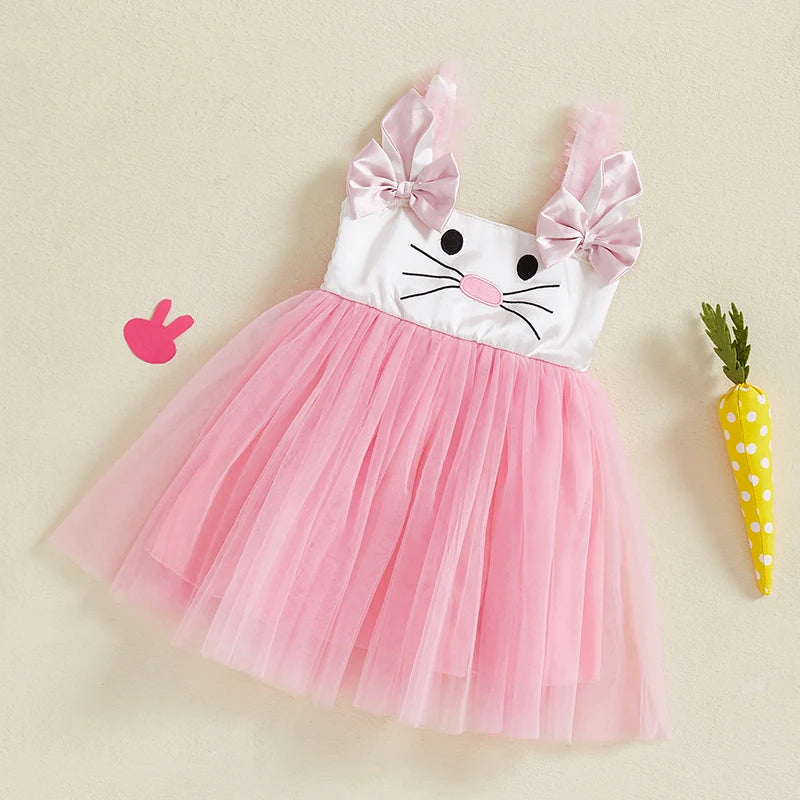 Adorable Baby Girls Easter Outfit Sleeveless Bunny Print Suspender Dress with Tulle Skirt for Spring and Summer Celebrations
