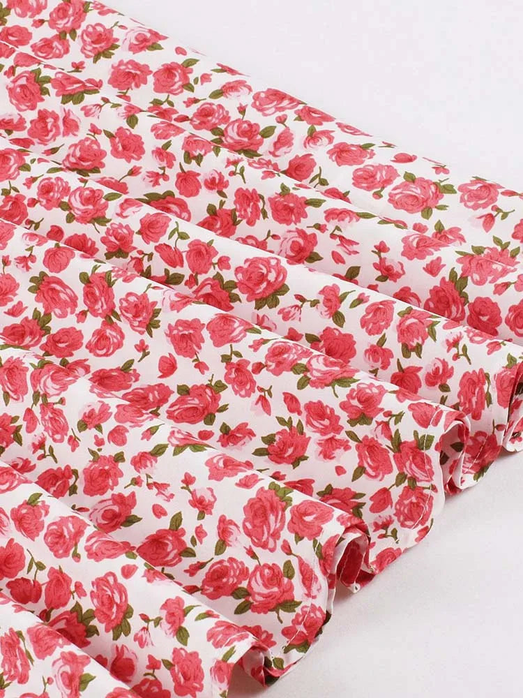 Retro Vintage Women's Summer Dress V-Neck Sleeveless High Waist Chic Floral Print with Belt 50s Style