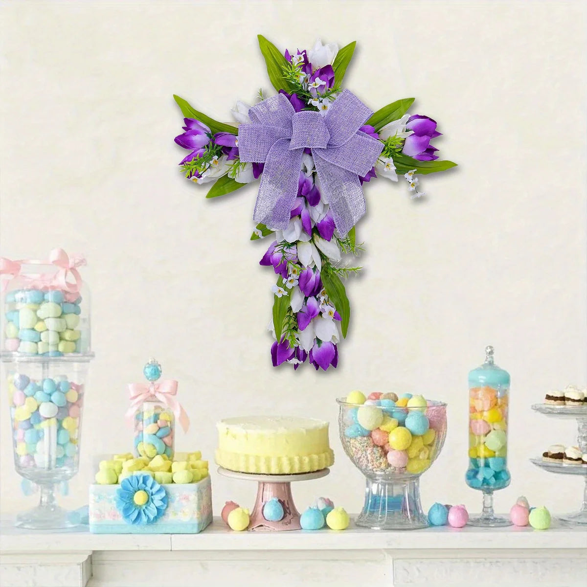 Tulip Crosses Wreath for Front Door Artificial Spring Easter Religious Crosses Wreath Sign Christian Easter Crosses