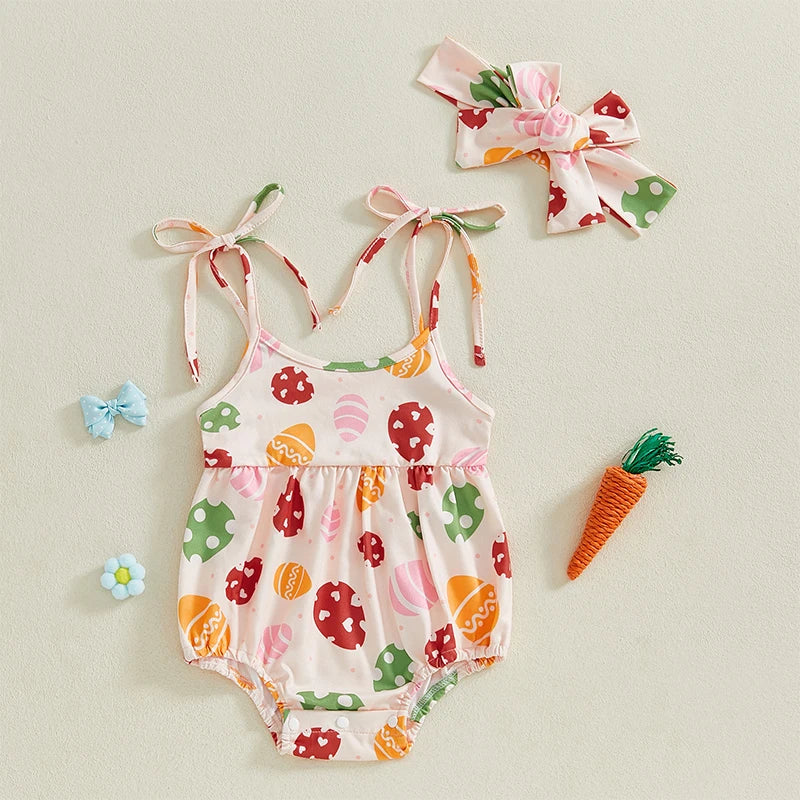 Toddler Girls Spring Floral Print Sleeveless Romper with Matching Headband Set for Easter Celebration and Playdates