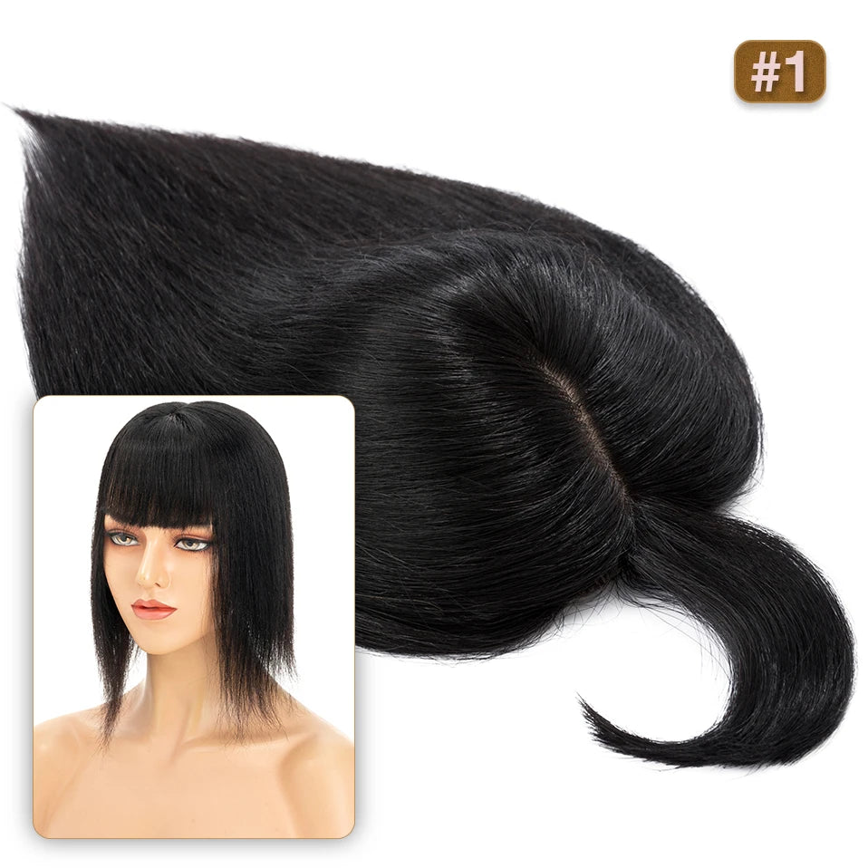 S-noilite Natural Hair Topper Wig for Women 10x12cm with Silk Base 3.5x9cm Human Hair Piece with Bangs Hair Clip Included