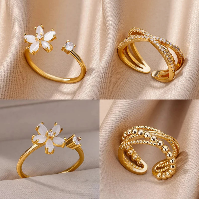 Opal Flower Rings For Women Cubic Zirconia Openning Stainless Steel Flower Ring Wedding Floral Aesthetic Jewelry anillos mujer