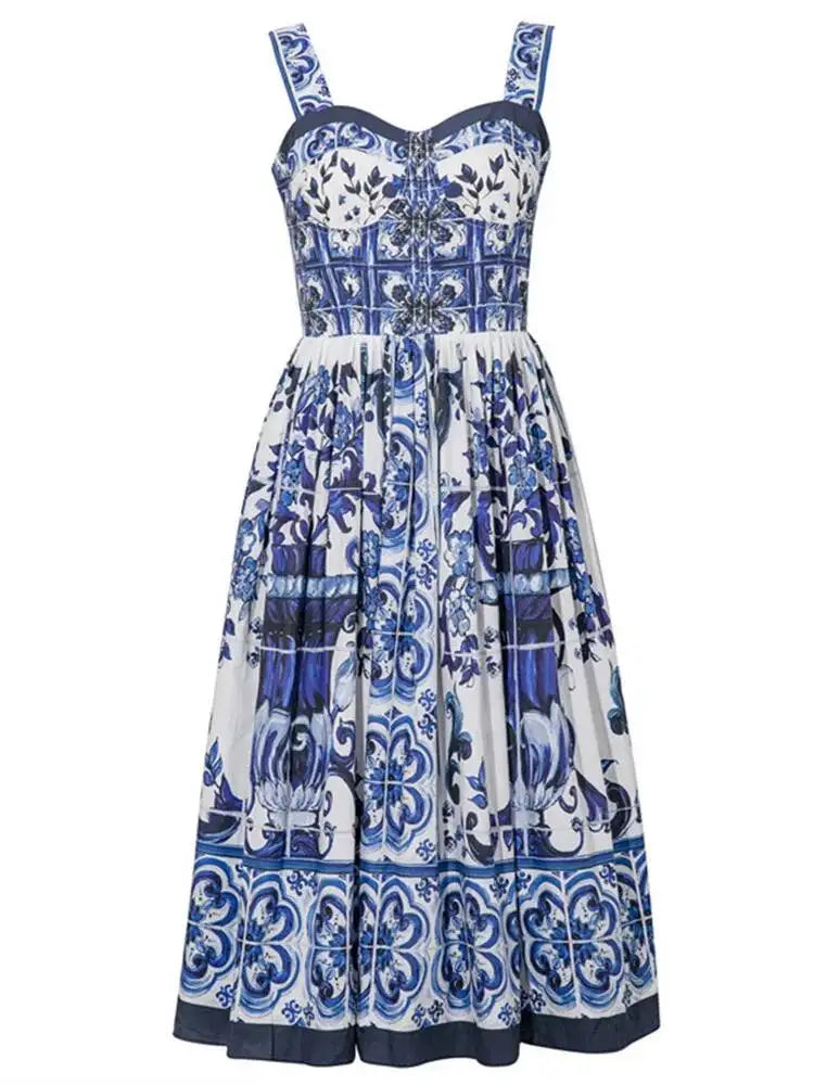JAMERARY Summer Blue And White Porcelain Flower Printing Floral Long Dress Women Straps Zipper Elastic Backless Midi Vestidos