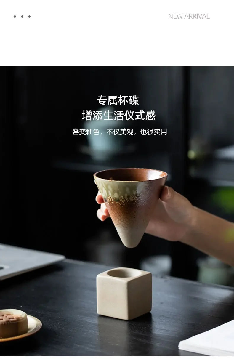 Coarse Pottery Creative Coffee Cup with Base Japanese Retro Conical Ceramic Cups Minimalist Latte Mug  Stoneware Master Teacup