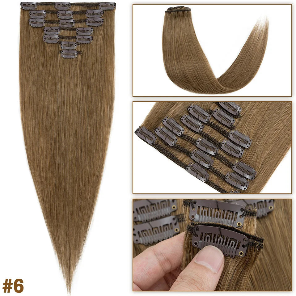 S-noilite 65g Clip In Hair Extensions Human Hair Natural Extension Hair Clips 7Pcs/Set 15"-22" Full Head Clip In Natural Hair