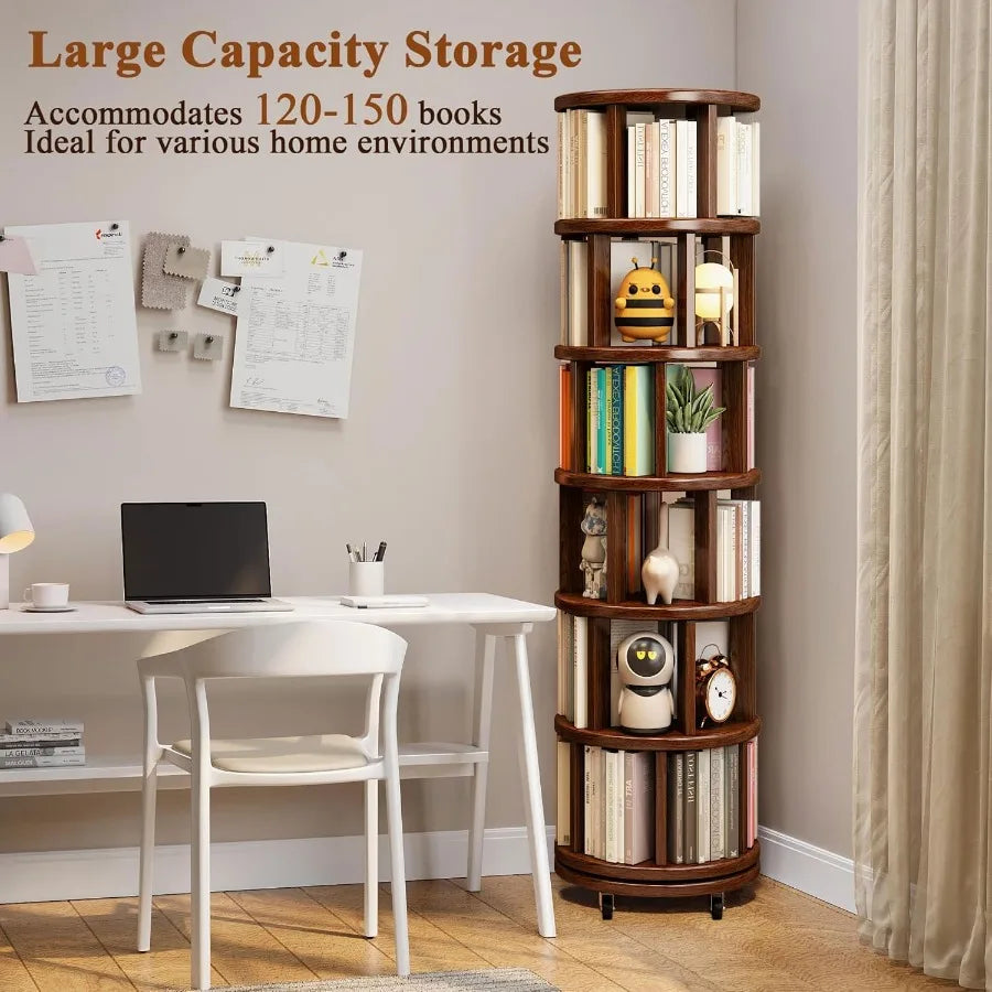 6 Tier Rotating Bookshelf Made of Solid Wood with 360 Spinning Design for Compact Rolling Bookcase Tower Ideal for Small Spaces