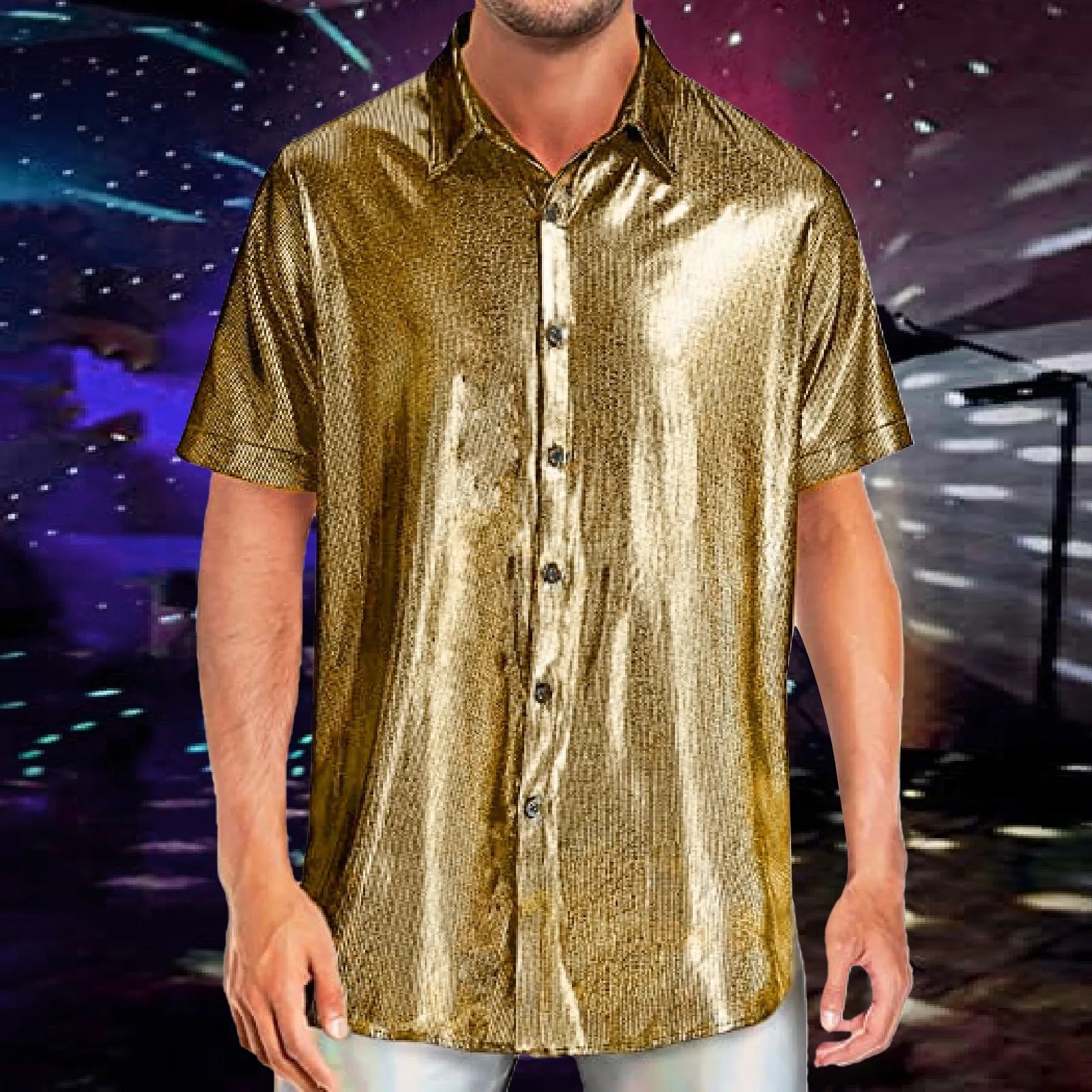 Mens Shiny Sequins Shirt Fashion Men's Performance Shirt Turn-Down Collar Short Sleeved Shirts For Club Party Disco Stage Show