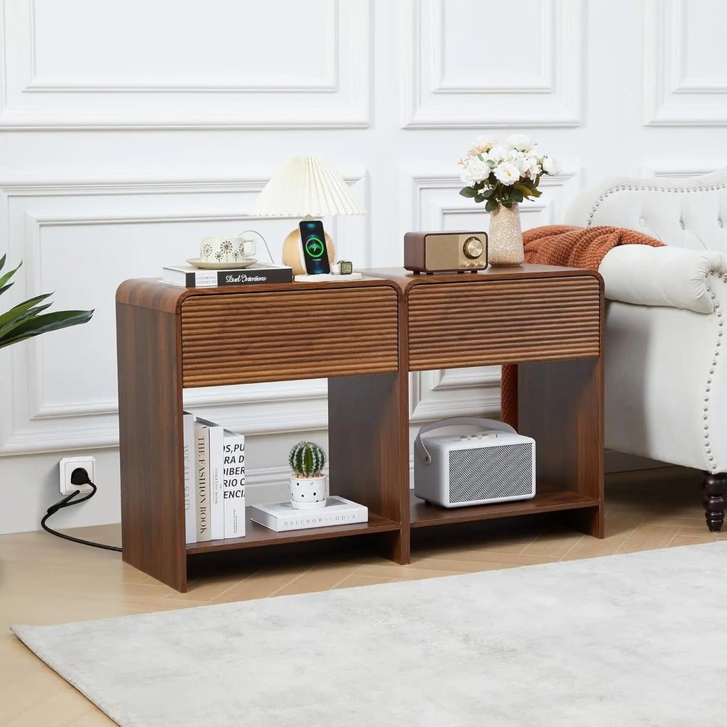 Fluted Nightstand Set of 2 with Charging Station, Modern Bed Side Table End Table with Drawer Storage, Large Wooden, Customized