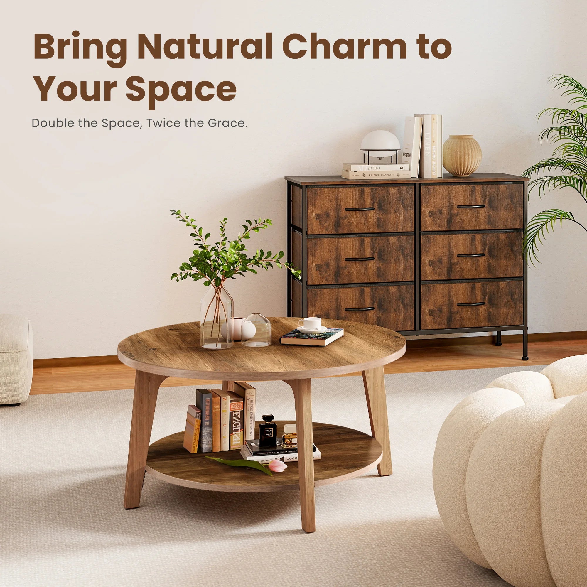 JHK 32IN Wood Round Coffee Table For Living Room 2-Tier Center Counter with Storage 50 lbs Capacity Anti-Slip Feet Modern Design