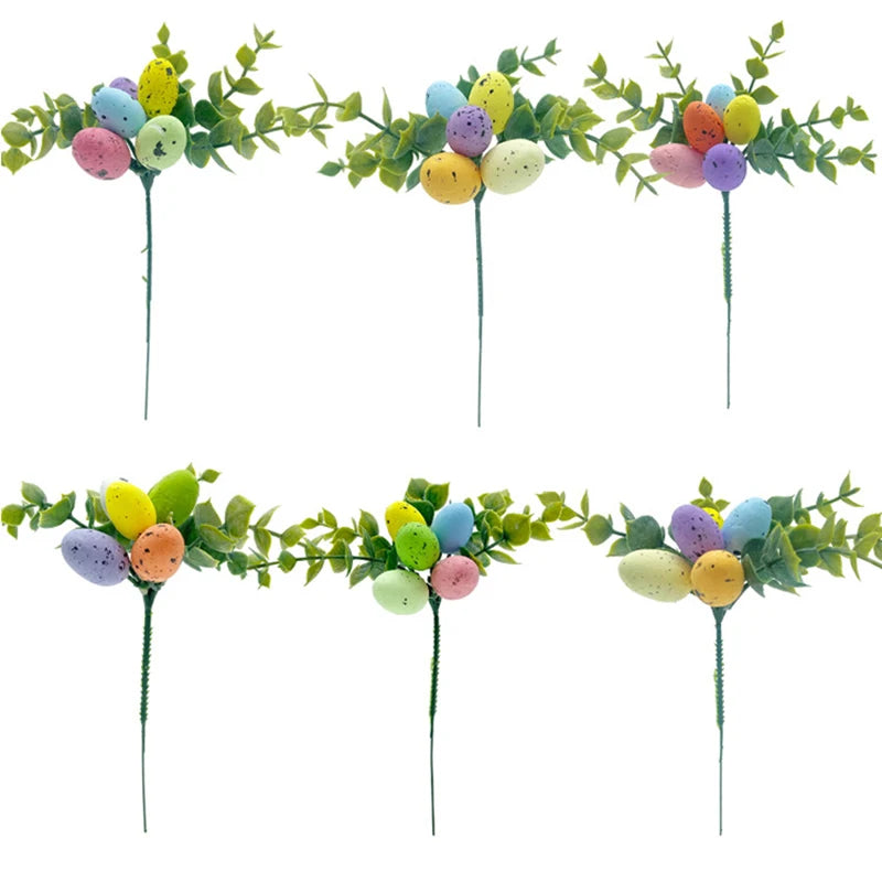 Easter Egg Picks Set with Artificial Pastel Eggs and Green Leaf Branches for Home Decor and Spring Celebrations