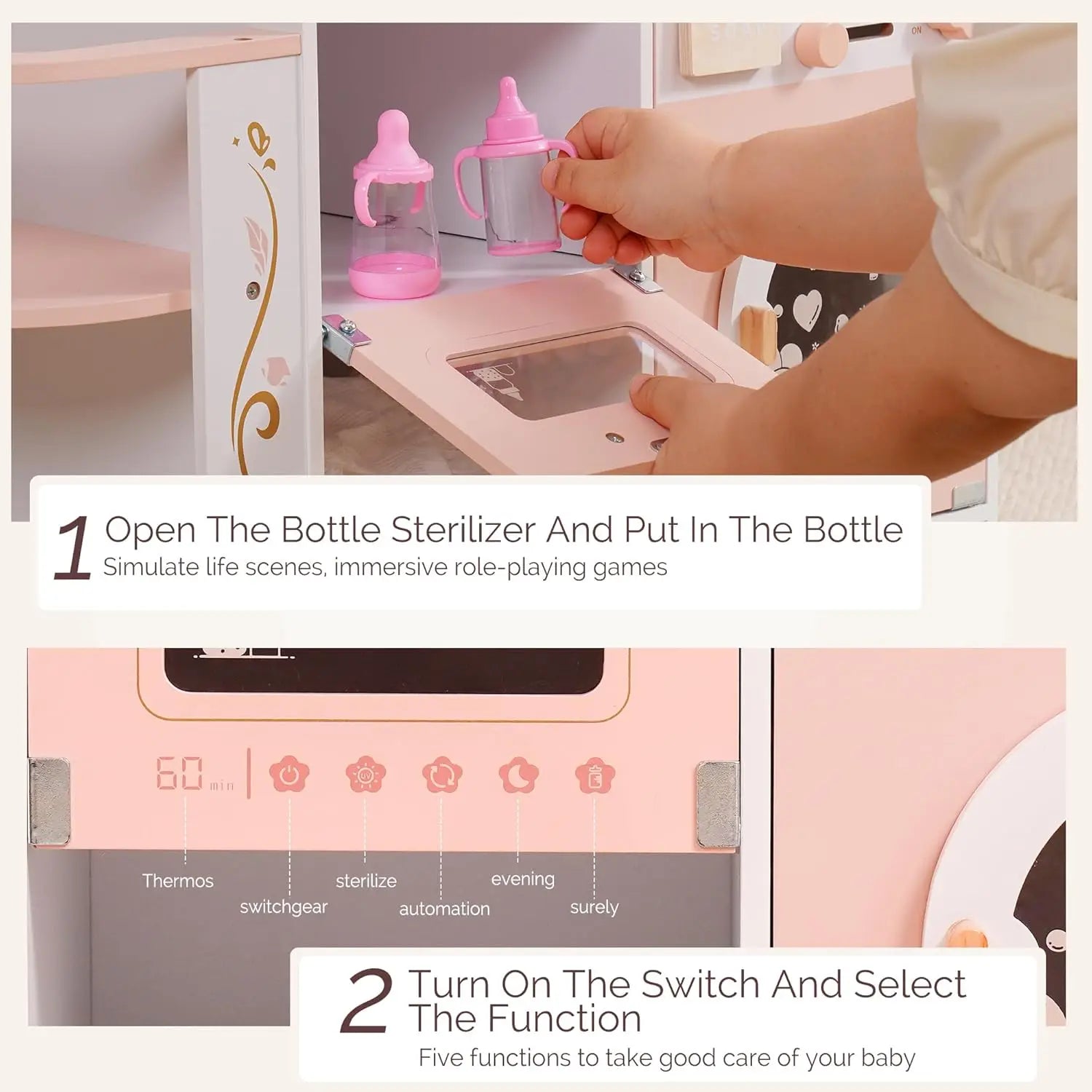 Robud Wooden 6-in-1 Baby Doll Changing Table with Baby Doll Crib Washing Machine Bottle Sterilizer Storage Area for Kids in Pink