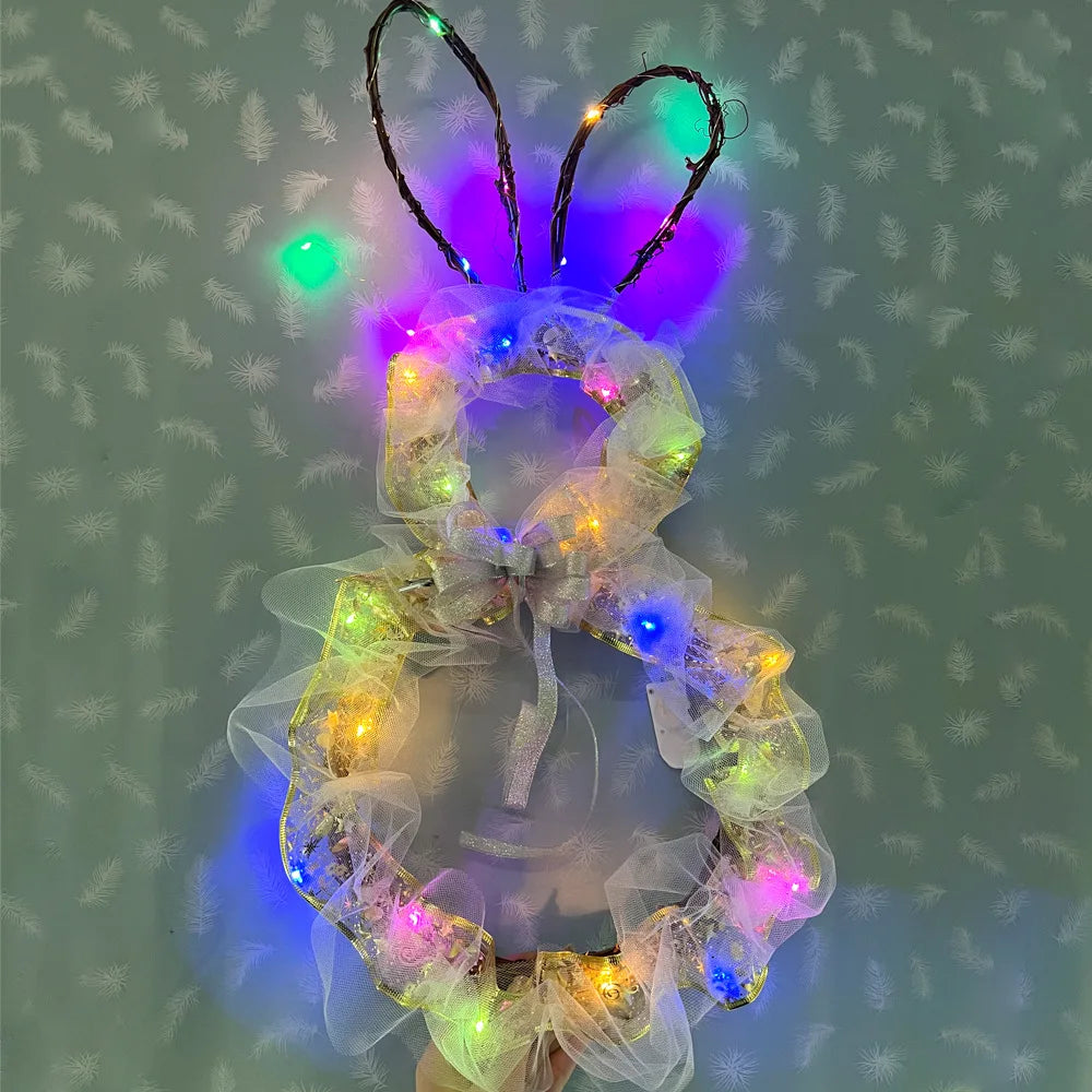 23.6in Large Easter Bunny Wreath with Led Lights, Battery-Powered, Foldable, Glowing Rabbit Wreath Pendant for Easter