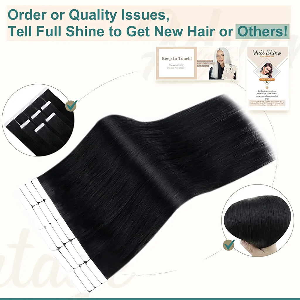Full Shine Tape in Human Hair Extensions 20pcs Adhesive Skin Weft Pure Solid Color Glue on Woman Hair Machine Made Remy