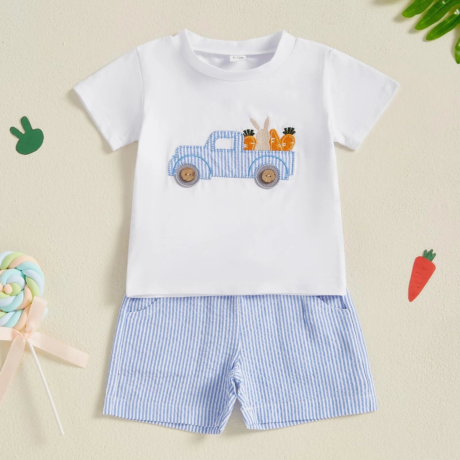 Toddler Baby Boys Easter Outfits Bunny Embroidery Short Sleeves T-Shirt and Elastic Carrot Stripe Shorts Set for Summer Clothes