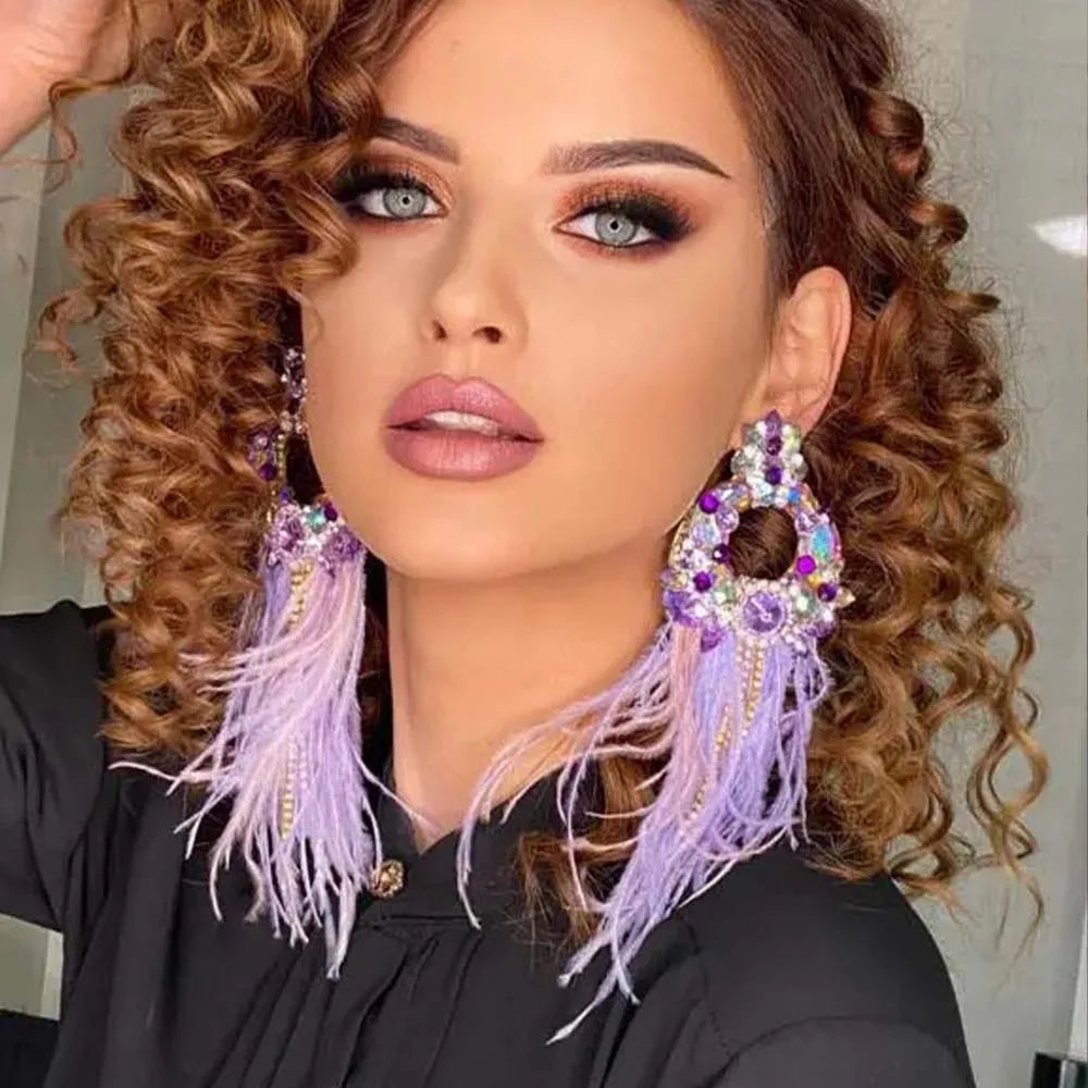 Stonefans Designer Oversize Feather Purple Geometric Earrings Bridal New Large Rhinestone Earrings Accessories Wedding Jewelry