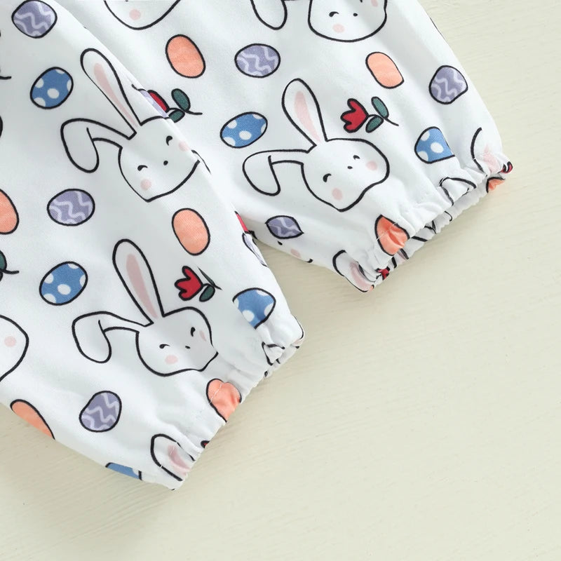 Adorable Baby Girl Easter Outfit Set with Letter Print Romper Bunny Print Pants and Matching Headband - 3 Piece Ensemble