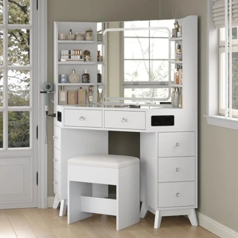 Corner Vanity Desk with Speaker 8 Drawers and 6 Shelves Modern Vanity with Mirror and Lights Makeup Vanity with Glass Top 3 Col