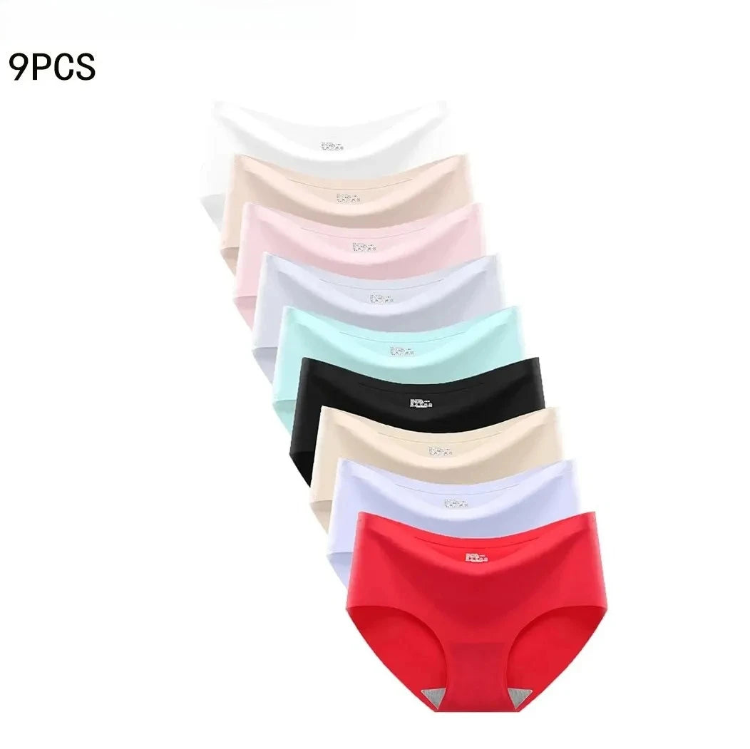 9-Pack Seamless Women Underwear Ice Silk, Mid Waist Comfortable Panty Set, Breathable Monochrome Briefs for Girls Daily Wear