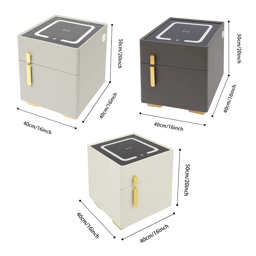 Smart Nightstand w/ Drawer & Safe Wireless Charging Nightstand Solid Wood Night Stand w/ 2 Drawers LED Bedside Tables for Bedroo