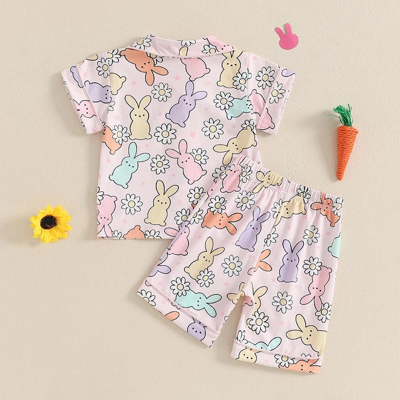 Adorable Toddler Girls Easter Bunny Pajama Set with Short Sleeve Top and Shorts for Spring Summer Loungewear - 2 Piece Set