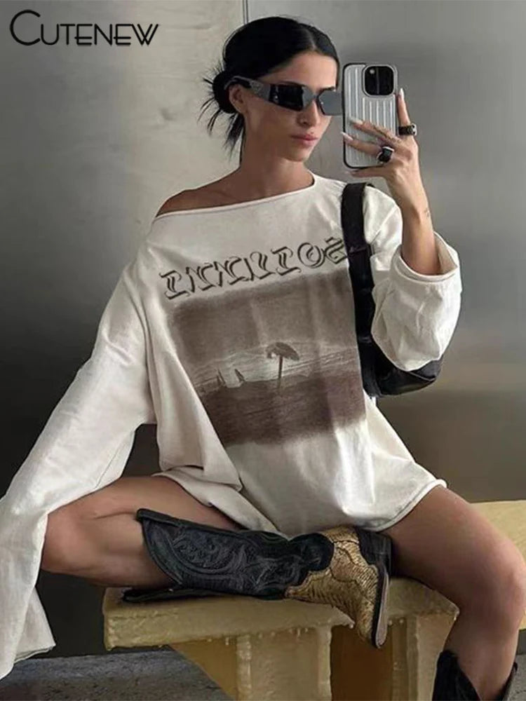 Cutenew Printed Fashion Women T-shirts Autumn New Slash Neck Full Sleeve Oversized Classic Basic Tops Female Street Casual Tees
