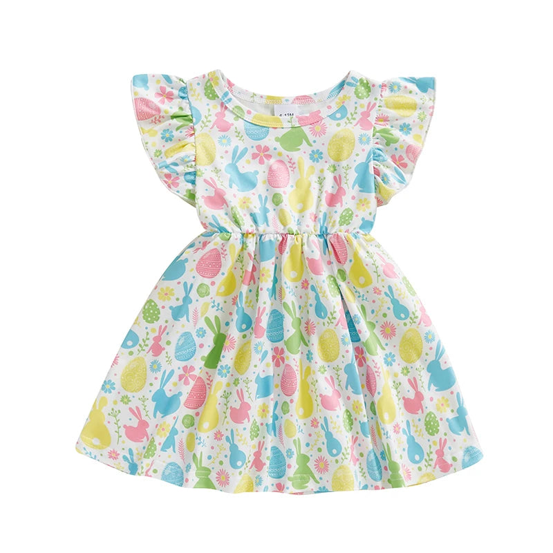 Baby Girl Easter Outfit Pink Floral Print Ruffle Sleeve Round Neck A-Line Dress for Spring and Summer Celebrations