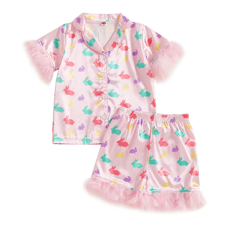 Easter 2-Piece Pajama Set with Short Sleeve Lapel Bunny Print Shirt and Shorts for Comfortable Sleepwear
