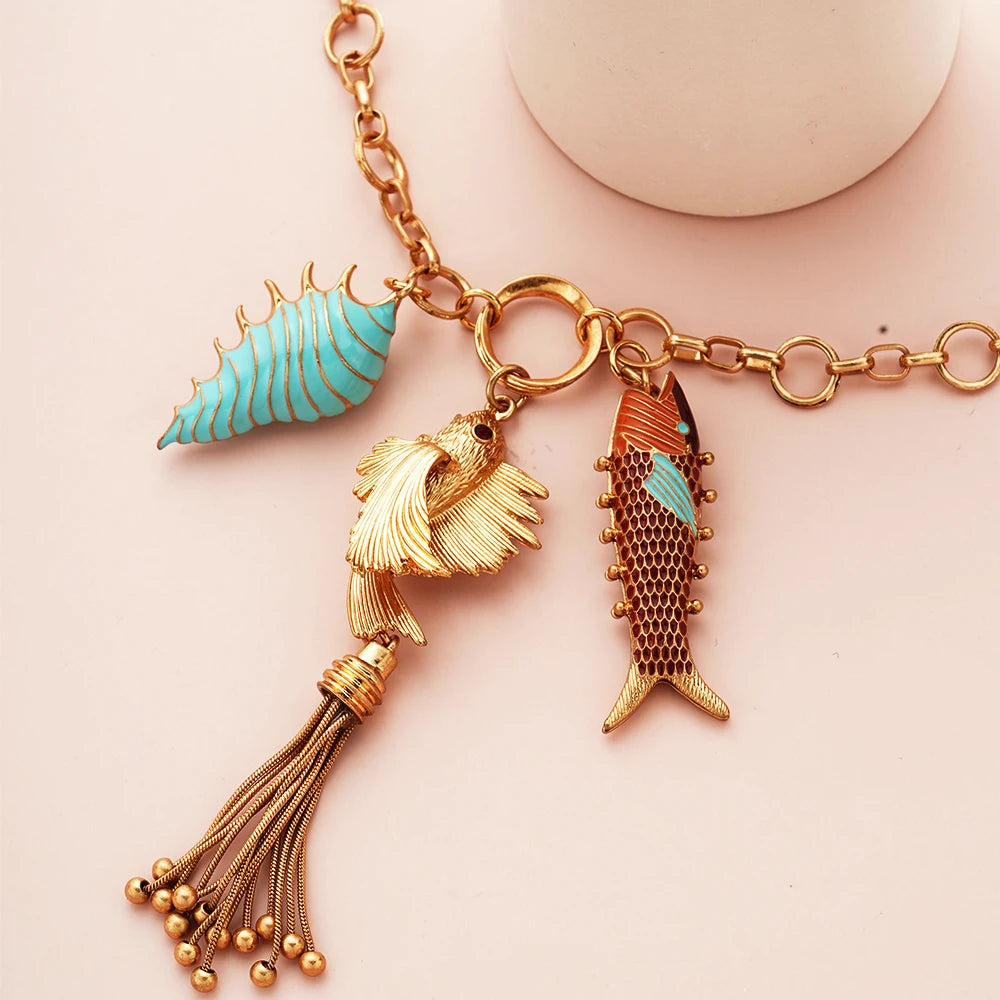 Bohemian sweater Necklaces for Women Fishes PendantsMermaid Tassels Marine Charms Birthday Party Chic Jewelry Beauty Accessories